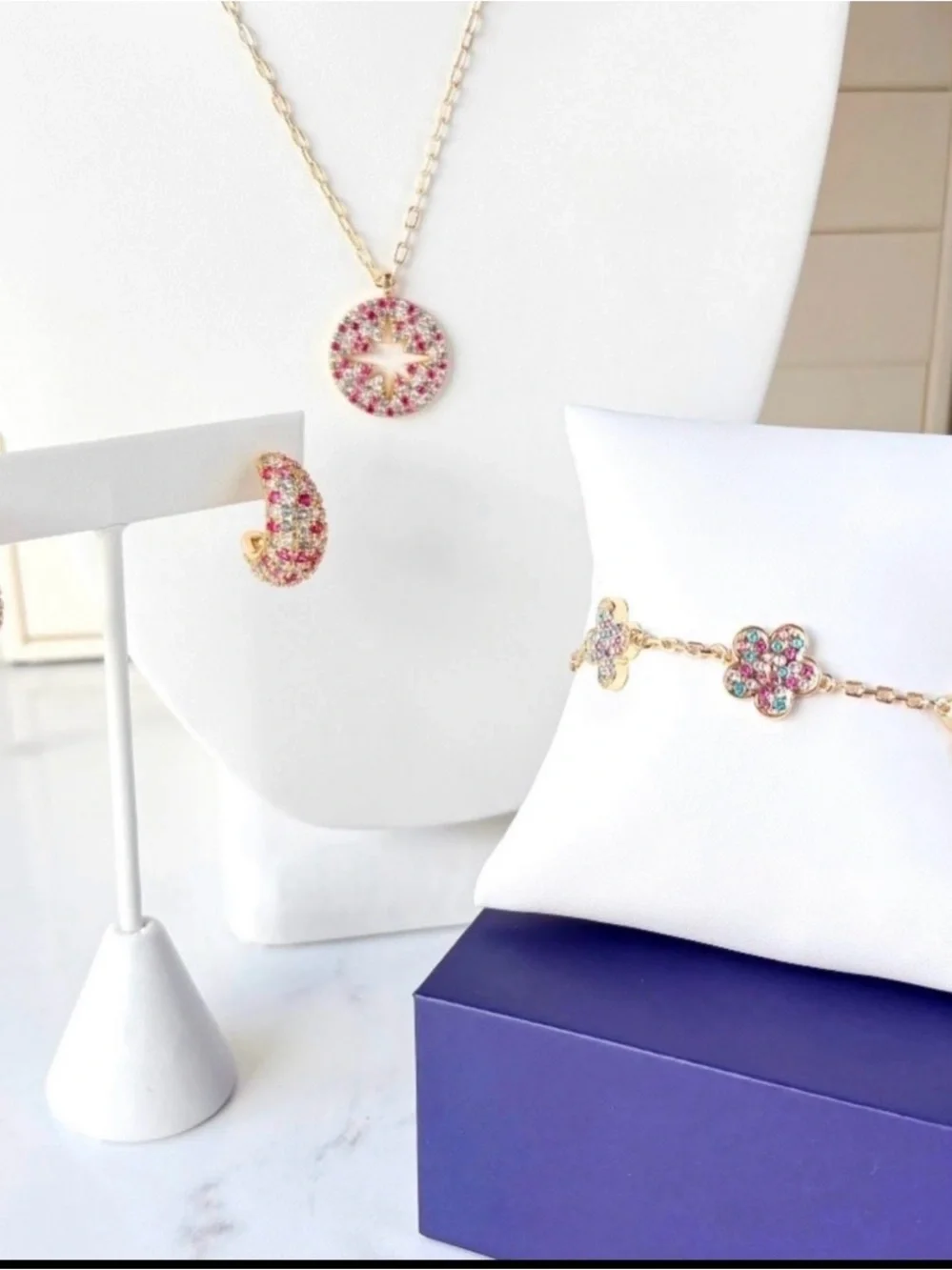 Park Lane July Sparkle Box Gold-Tone Multicolor Pixie Pendant Hoop Earring Set